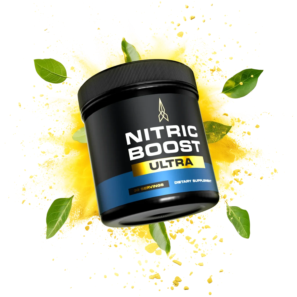 Comprehensive image displaying Nitric Boost Ultra supplement bottles, natural ingredients like beetroot and ginkgo biloba, and visual elements highlighting benefits such as increased energy, improved blood circulation, and enhanced male vitality." If you want it shorter or more specific, just let me know!